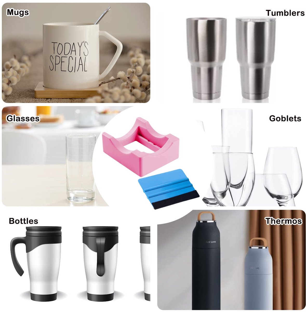 Vinyl Sticker Applicator for Cups - Silicone Cup Holder with Felt Edge Scraper - Silicone Cup Holder - Insulated Mug Holder - Non-Slip Glass Cup Holder - One-Handed Sticking for Mugs & Bottles - DIY Accessory - Pink