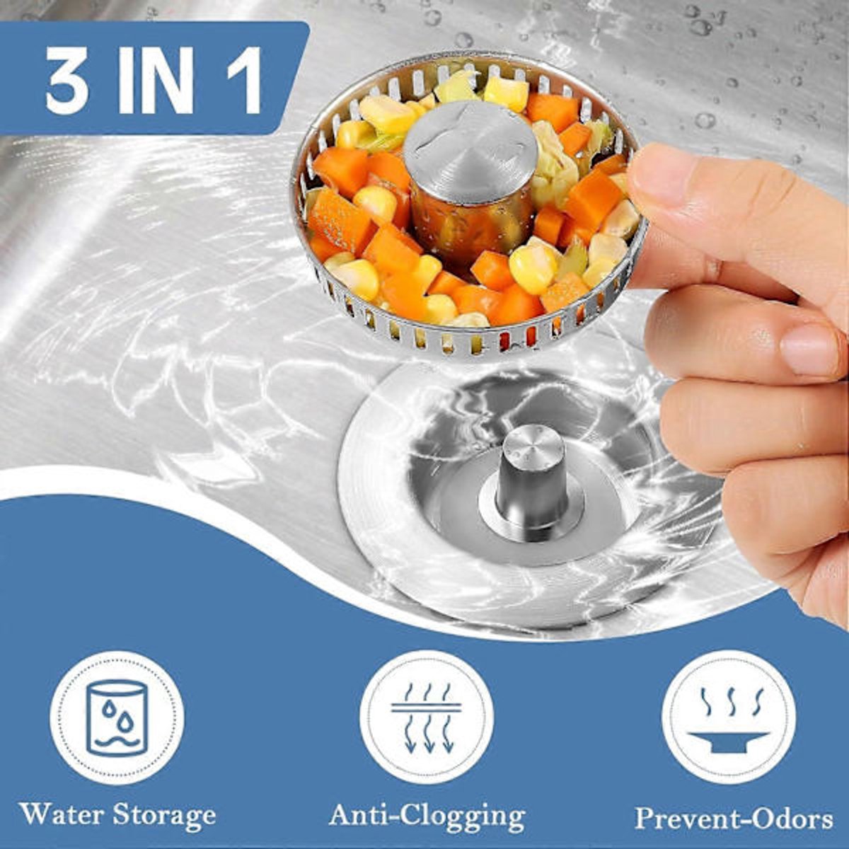 Sink Drain Strainer - 3-in-1 - Stainless Steel - Collapsible Sink Stopper - Strainer - Silver
