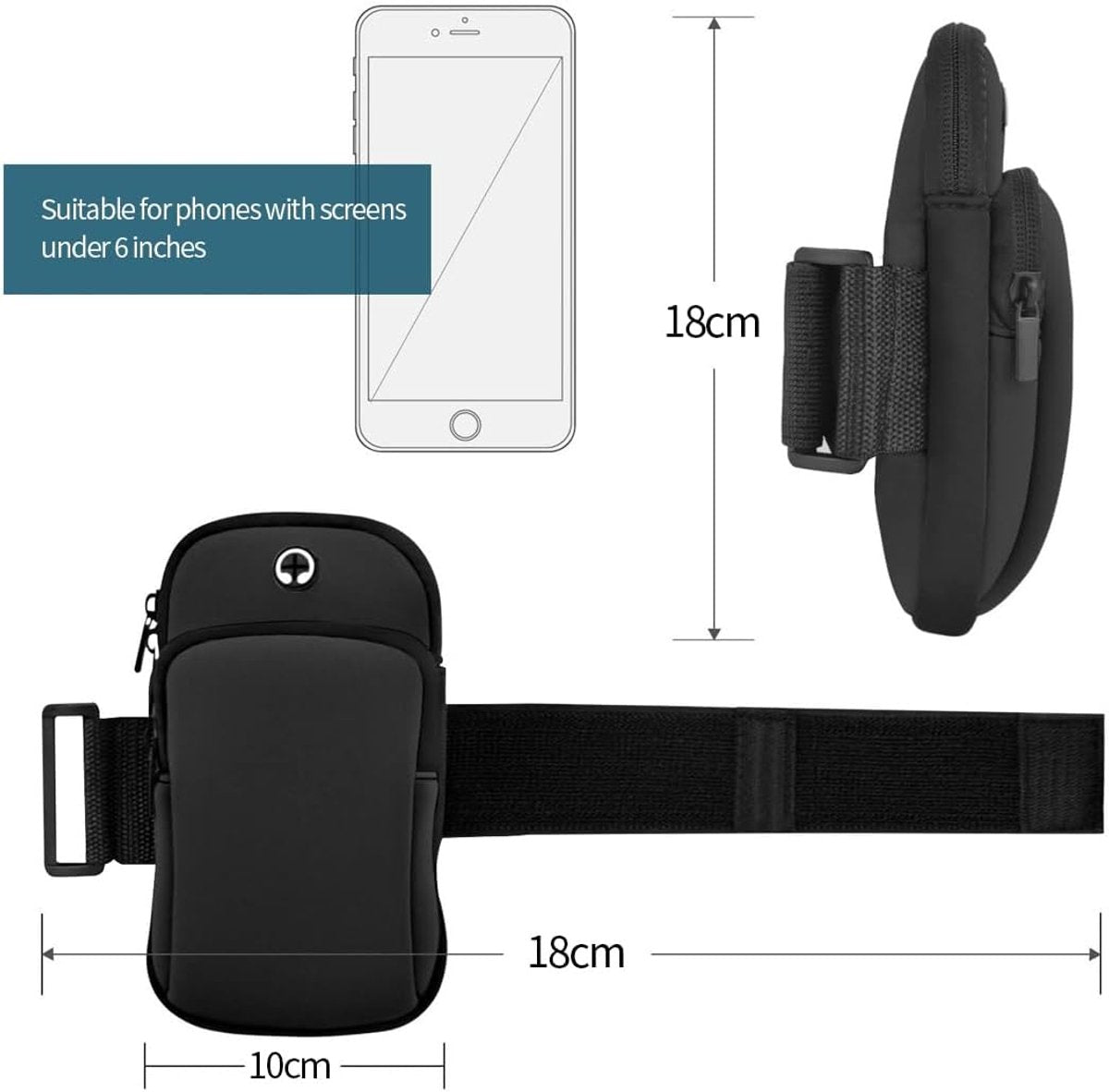 Running Armband - Phone Armband - Wearable Phone Armband - With Earphone Hole and Phone Pocket for Running - Armband for Fitness and Cycling (Black)