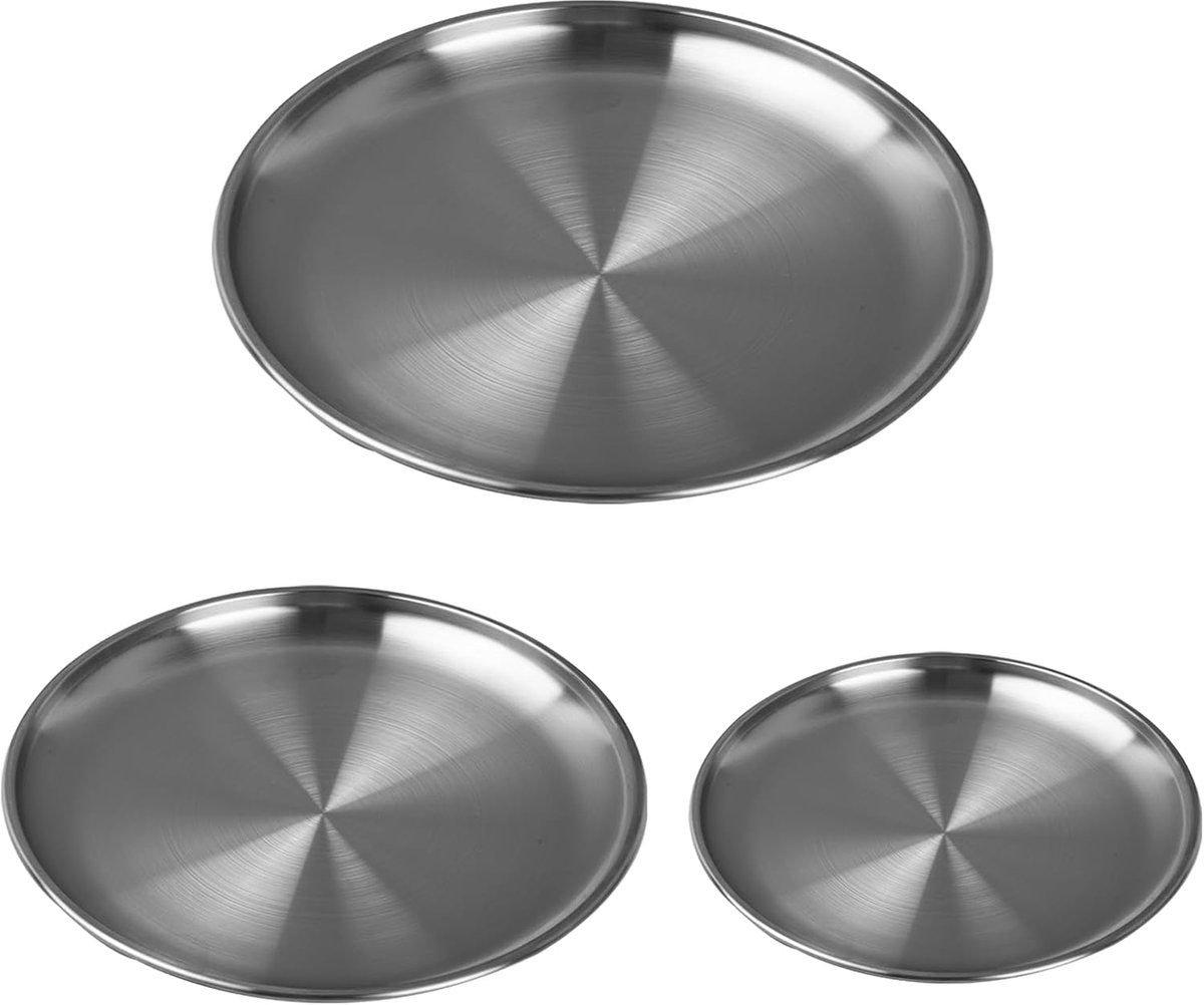 Dinner Plates - 3-Piece - Stainless Steel Plates - 20cm, 23cm, 26cm - Matte Finish - Reusable - Suitable for outdoor use, picnics, kitchens, and parties