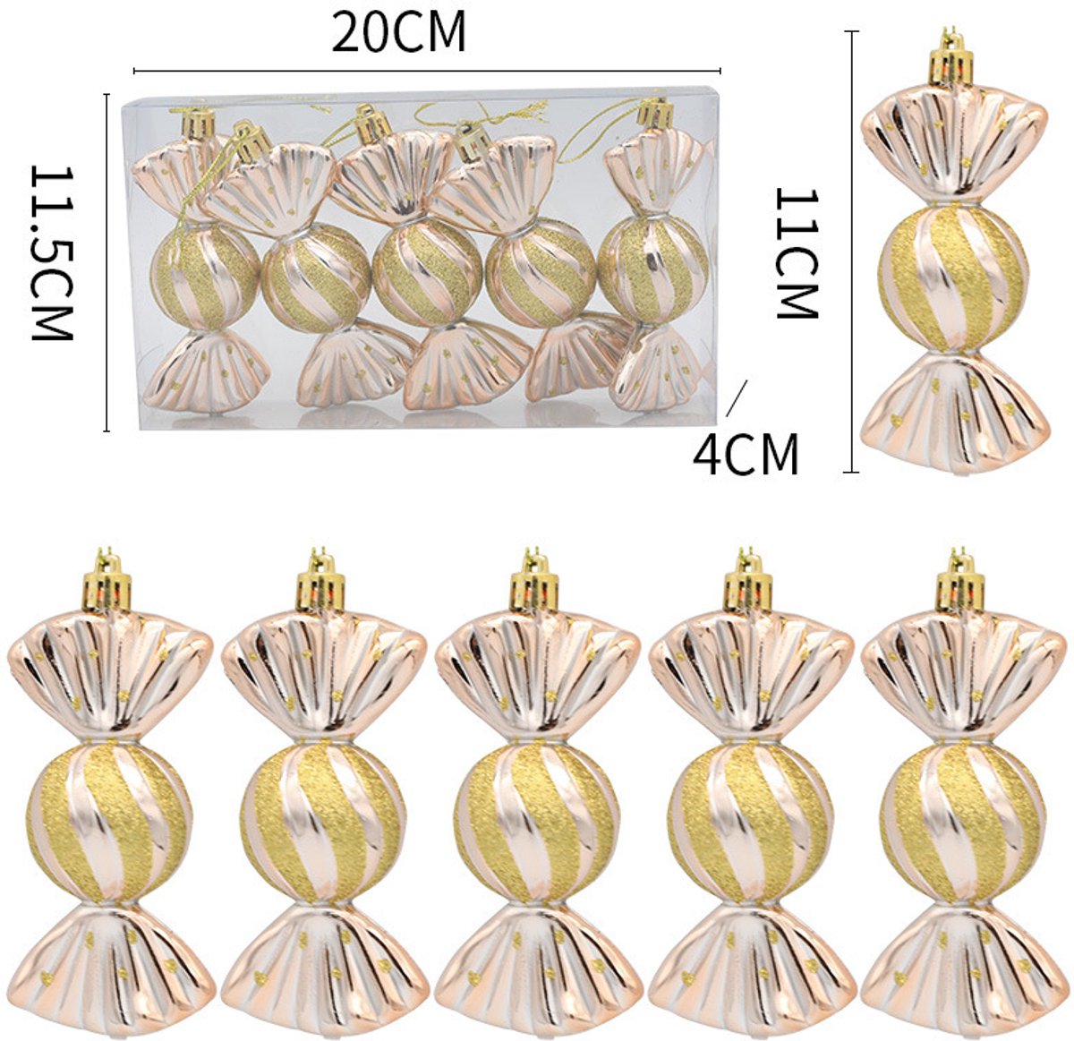 Christmas Decorations - Christmas Decorations - Painted Candy Christmas Tree Decorations - Champagne (5 per box)