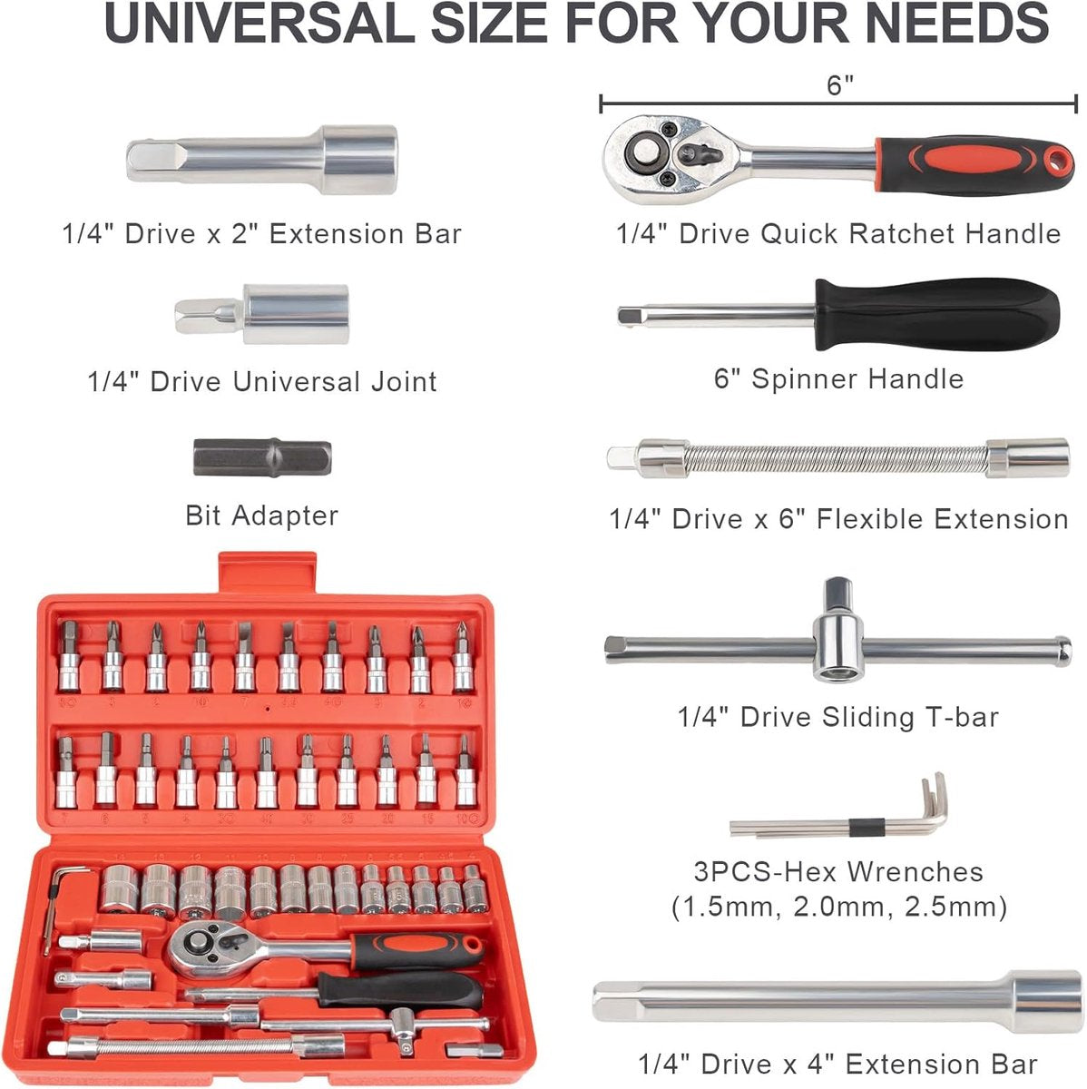 46-Piece Wrench & Ratchet Set - 1/4 Inch Metric for Cars - Compact Storage Case