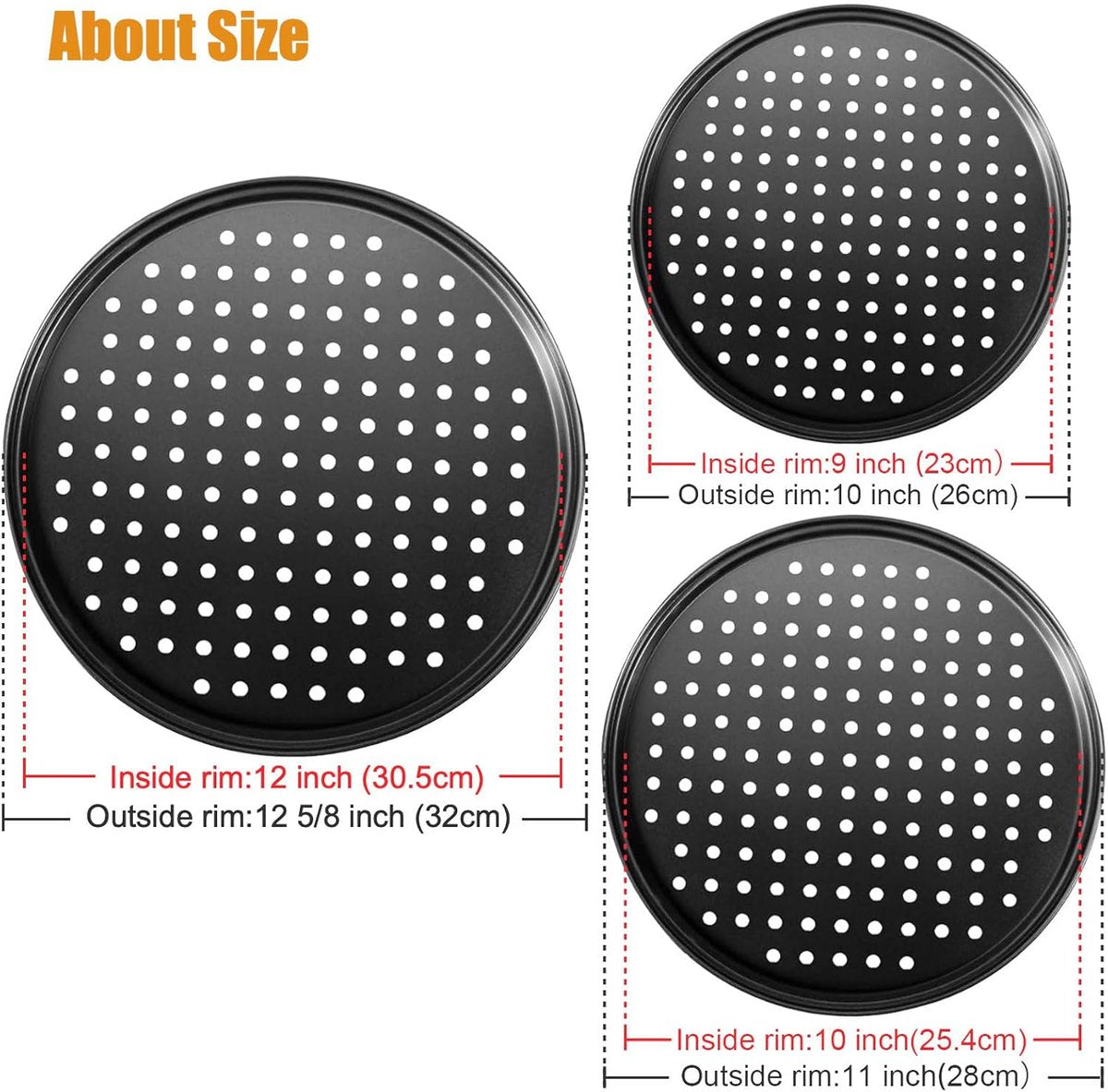 Pizza Baking Pan Set - Pizza Stone Set - Pizza Platter | Pizza Baking Tray | Pizza Plate - Carbon Steel - With Ventilation Holes - Oven-Safe - Home | Kitchen | Dining Room (26cm & 28cm & 32cm)