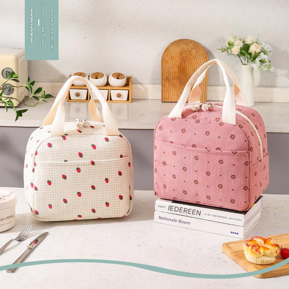 Lunch Bag - Corduroy - Lunch Box for Students/Office Workers - Insulated Bag - Waterproof - Portable Handle - Cute Lunch Bag - Beige