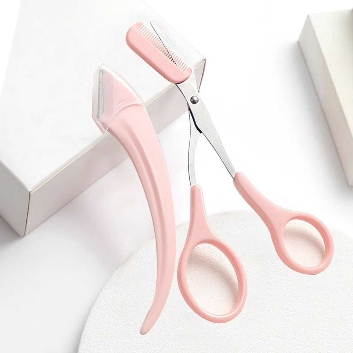 Eyebrow Trimmer - Eyebrow Trimmer for Women - Pink Eyebrow Trimming Set - Scissors with Comb - Safety Razor - Suitable for Daytime Skin Care