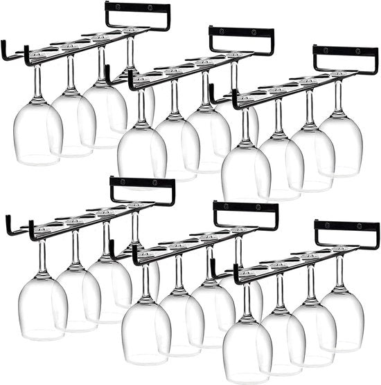 Hanging Wine Glass Rack - Set of Six - Inverted Wine Glass Holder - Organizer and Storage Rack for Mugs and Glassware - For Kitchen and Home Use