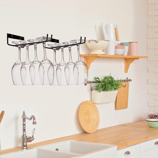 Hanging Wine Glass Rack - Set of Six - Inverted Wine Glass Holder - Organizer and Storage Rack for Mugs and Glassware - For Kitchen and Home Use