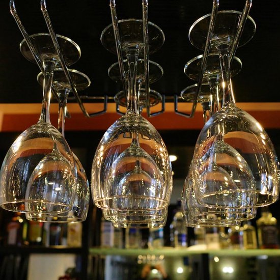 Hanging Wine Glass Rack - Set of Six - Inverted Wine Glass Holder - Organizer and Storage Rack for Mugs and Glassware - For Kitchen and Home Use