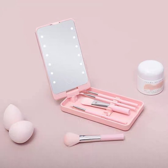 LED Makeup Mirror - Lighted Makeup Mirror - Set of 5 Makeup Brushes - Brush Storage - Cover - Dustproof - Pink