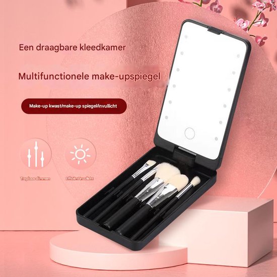 LED Makeup Mirror - Lighted Makeup Mirror - Set of 5 Makeup Brushes - Brush Storage - Cover - Dustproof - Pink