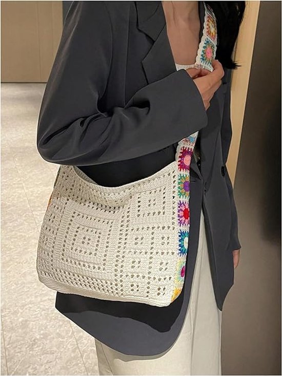 Women's shoulder bag - Embroidered bag - Handmade crocheted fabric bag - Colorful patterns - Perfect for shopping and holidays - White