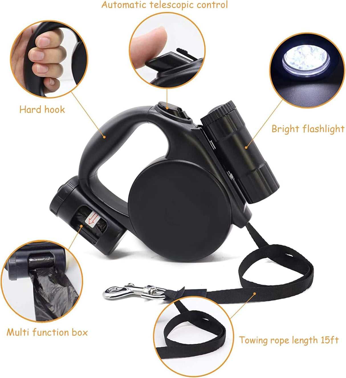 Retractable Dog Leash - Storage Box - 4.5 m - Illuminated - Black - 1 pc