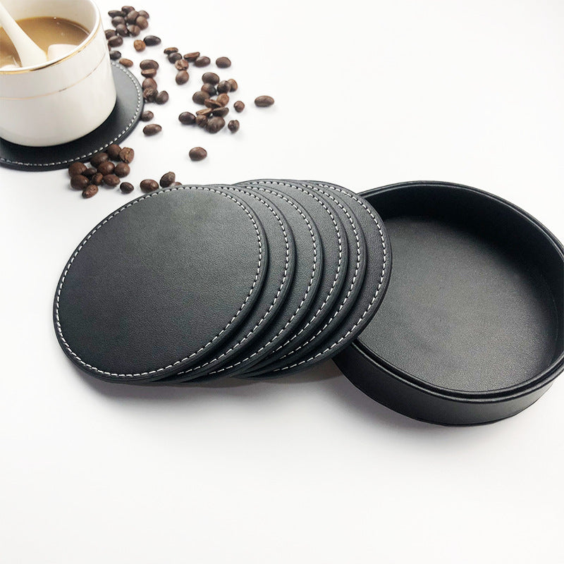 Coaster set - Leather coaster set with storage box - Black - 5 pieces