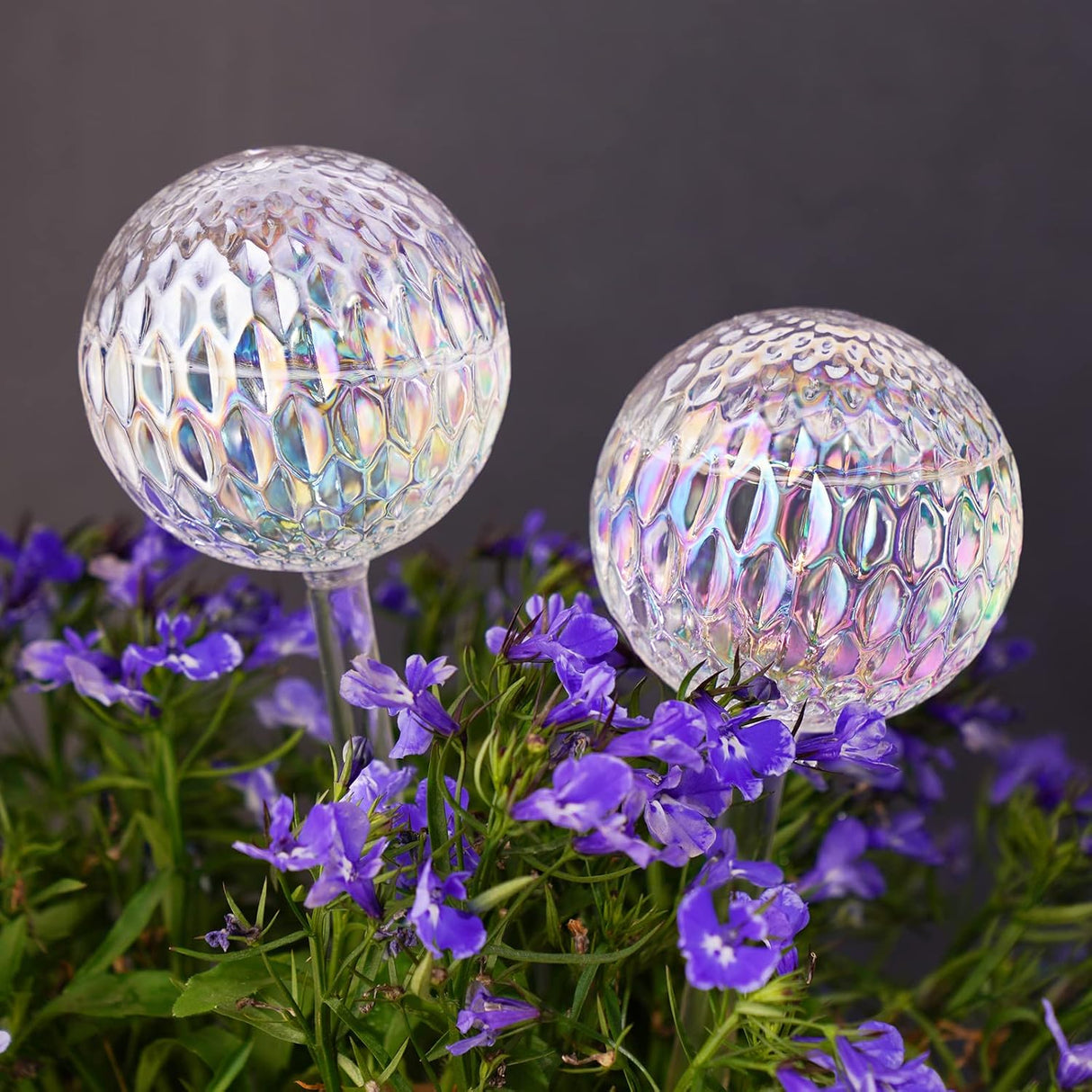Glass Self-Watering Plant Balls, 2-Pack, Pearlescent, Clear Iridescent, Plant Watering Device, Diamond Pattern, Self-Watering Balls, Planter Insert, Decorative Holiday Watering Spikes