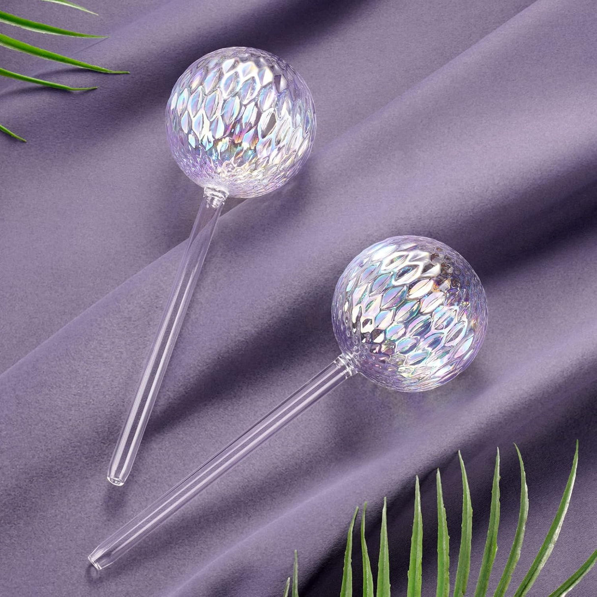 Glass Self-Watering Plant Balls, 2-Pack, Pearlescent, Clear Iridescent, Plant Watering Device, Diamond Pattern, Self-Watering Balls, Planter Insert, Decorative Holiday Watering Spikes