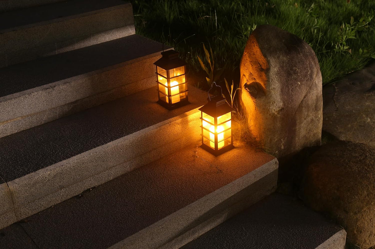 Waterproof outdoor solar lamp with candle flame effect, energy saving, warm white LED for patio, garden, lawn, terrace, tent, tree and garden - 2-pack