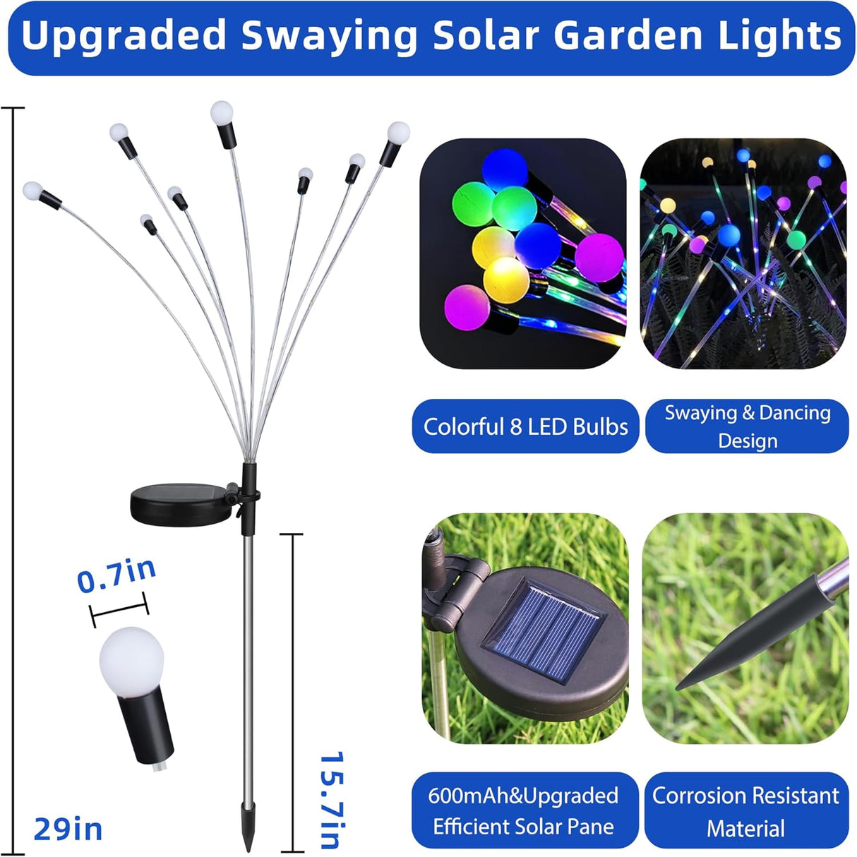 Solar garden lights, Christmas decoration, solar-powered fairy-tale outdoor lights, waterproof, 1-pack, 8 LEDs that move in the wind, dancing fireflies as light for garden decoration, yard, patio, path decoration