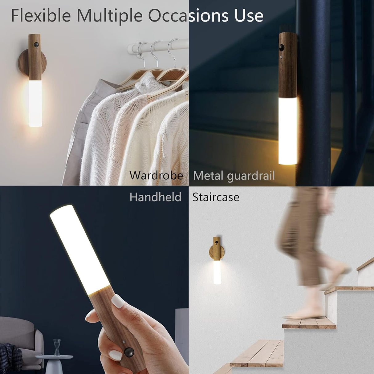 Night light with motion sensor, indoor lamp with LED, magnetic and portable lighting, no plug, USB charging function, wall lamp for hallway, bedroom, wardrobe, table, stairwell, cupboard, kitchen, etc., walnut