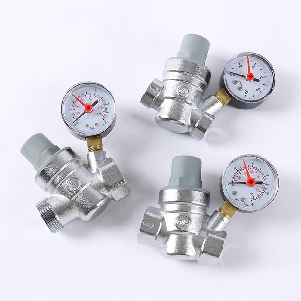 Adjustable pressure reducing valve with integrated pressure gauge for hot and cold water, brass pipe valve for home, commercial and industrial use (DN15)