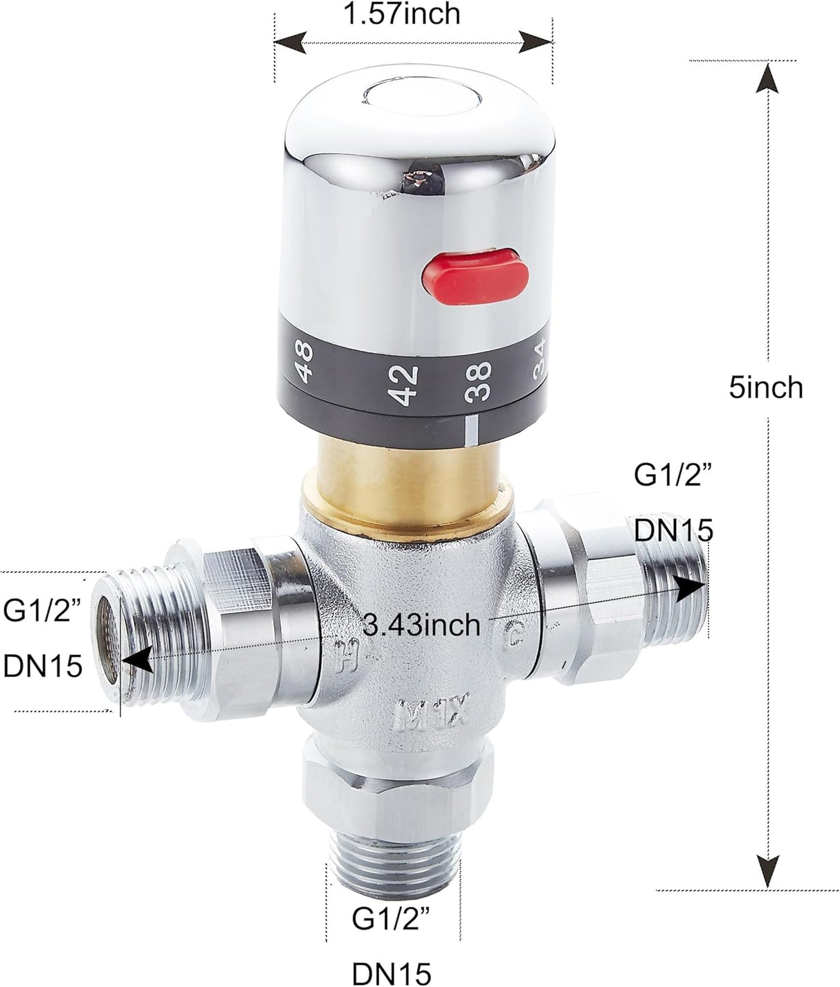 3-way thermostatic water mixer DN15, temperature control hot and cold, G1/2 NPS male connections, anti-scald temperature mixers for bathroom, under-sink taps, shower, bath, bidet (chrome)