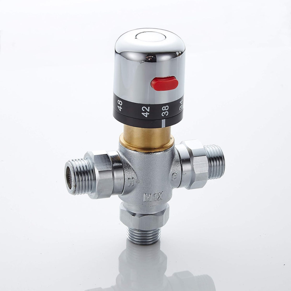 3-way thermostatic water mixer DN15, temperature control hot and cold, G1/2 NPS male connections, anti-scald temperature mixers for bathroom, under-sink taps, shower, bath, bidet (chrome)