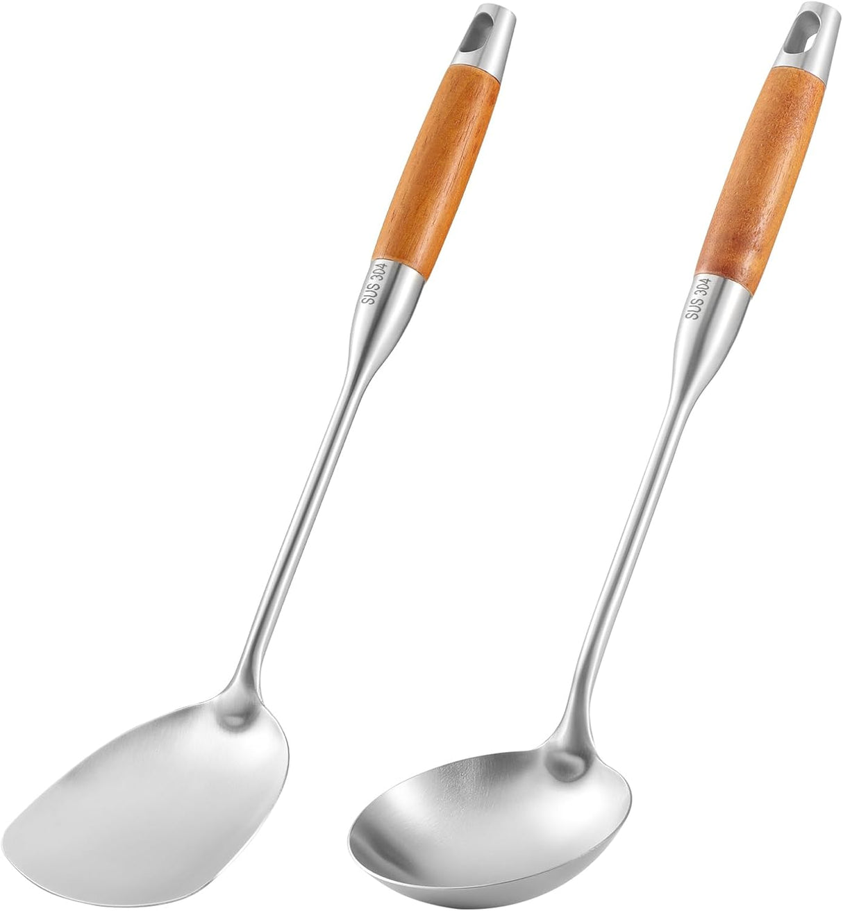 2 Pieces Stainless Steel Kitchen Utensil Set, 304 Stainless Steel Wok Spatula and Soup Ladle Set with Long Heat-Resistant Wooden Handle