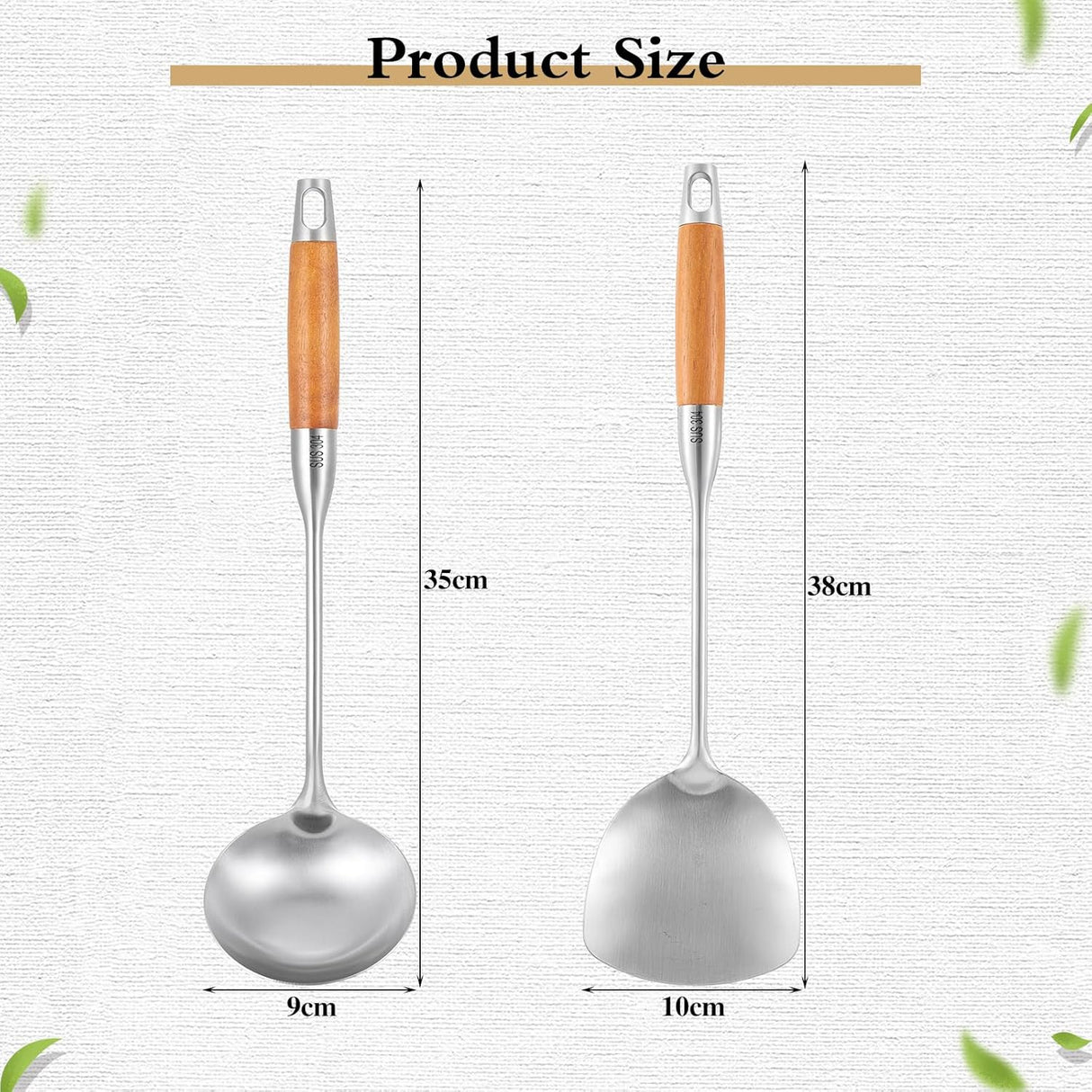 2 Pieces Stainless Steel Kitchen Utensil Set, 304 Stainless Steel Wok Spatula and Soup Ladle Set with Long Heat-Resistant Wooden Handle
