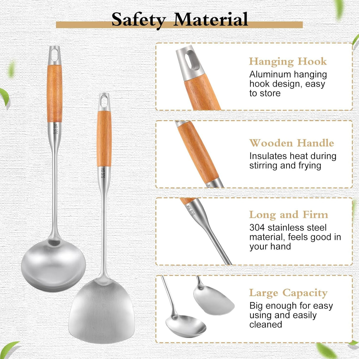 2 Pieces Stainless Steel Kitchen Utensil Set, 304 Stainless Steel Wok Spatula and Soup Ladle Set with Long Heat-Resistant Wooden Handle