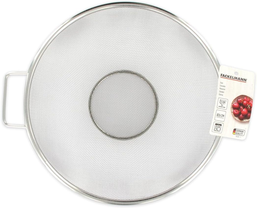 Fackelmann sieve Ø 26 cm, colander made of stainless steel, fine-mesh sieve with handles as a perfect kitchen accessory and kitchen helper in your kitchen, dishwasher safe (Color: silver), Quantity: 1