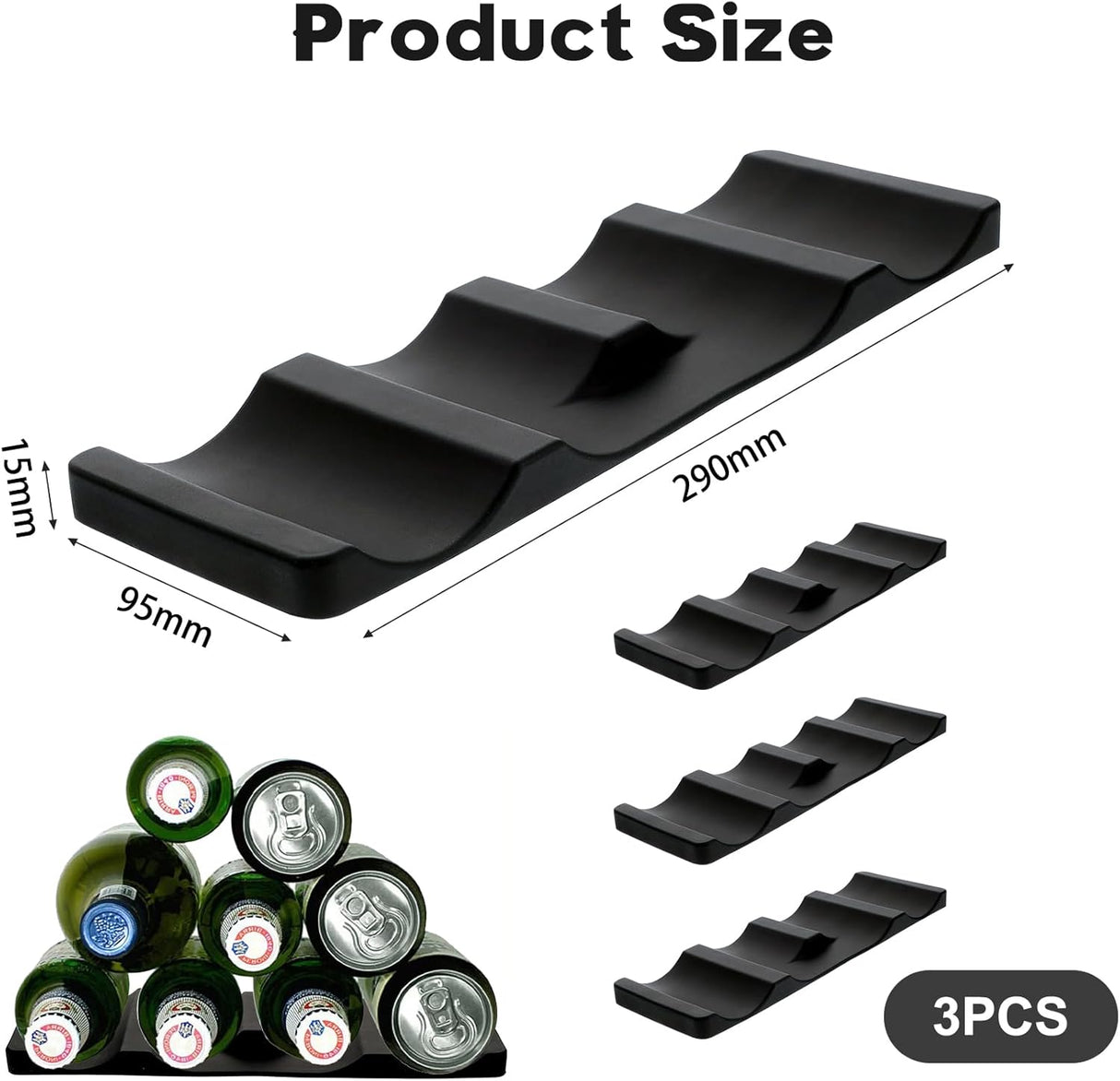 Forhandy 3 pcs bottle holders, refrigerator, non-slip, stackable, refrigerator, organizer, bottles, foldable for storing beer, drinks, mineral water (black)