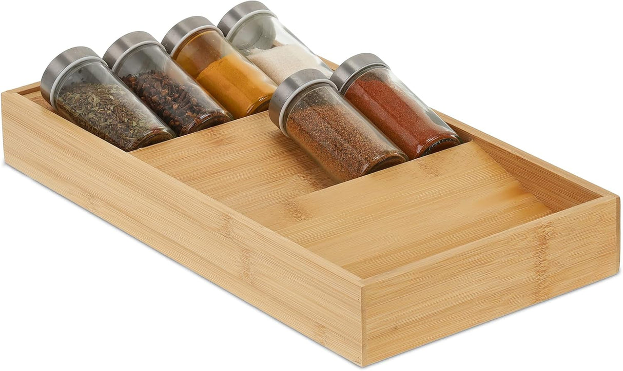 Relaxdays horizontal spice rack, 3 shelves, HBD: 5 x 20 x 38 cm, spice organizer for kitchen drawer, spice holder, natural