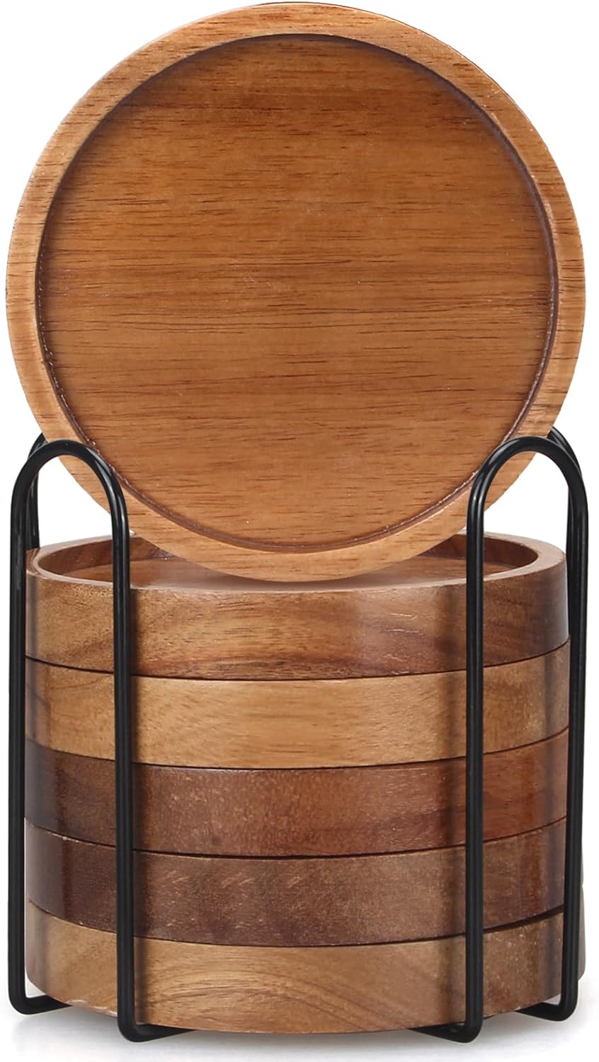 6 Pieces Best Wooden Coasters with Holder, Coffee Table Decor, Acacia Wood Coaster Set, Modern Drink Coaster, Dining Table, Kitchen Accessories, Cute Beer Bar, Decorative Rustic Coasters for Outdoors