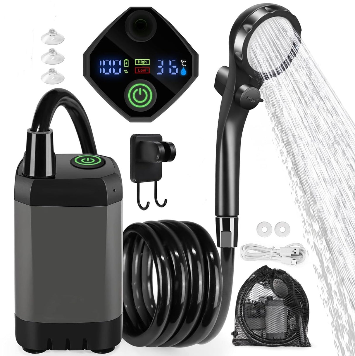 Portable Shower Pump with Rechargeable 6000mAh Battery - Outdoor Shower IPX7 Waterproof - With Temperature Display - Suitable for Camping, Car Washing and Pet Washing (Gray)