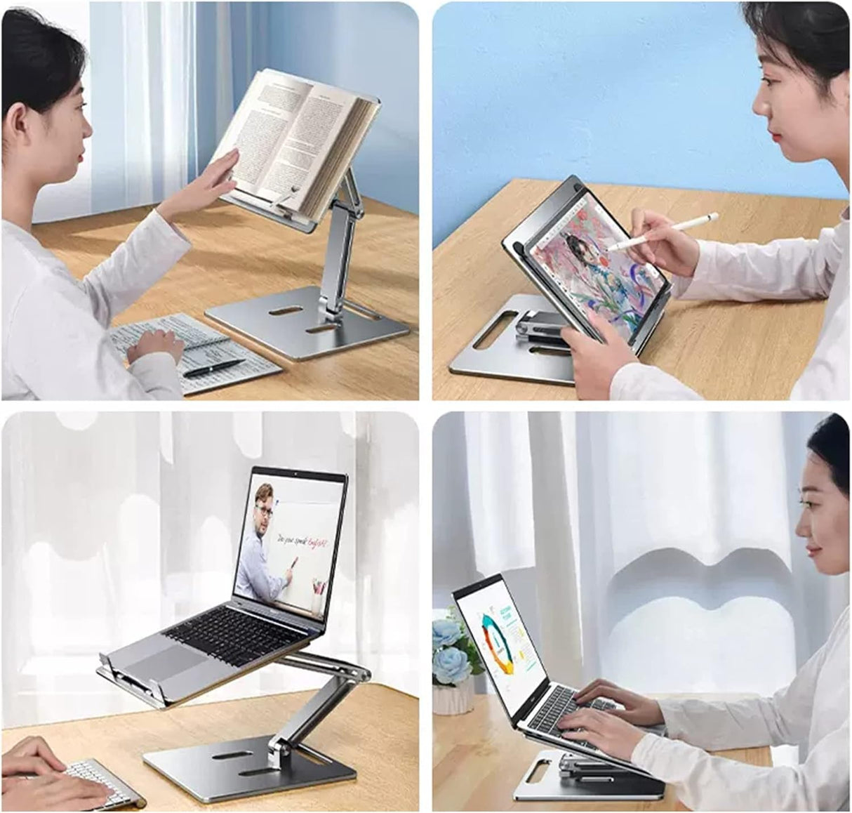 Computer Stand - Adjustable Lift Stand - Suitable for laptop, tablet, textbooks, cookbooks and magazines - Cooling vents - Metal - Silver