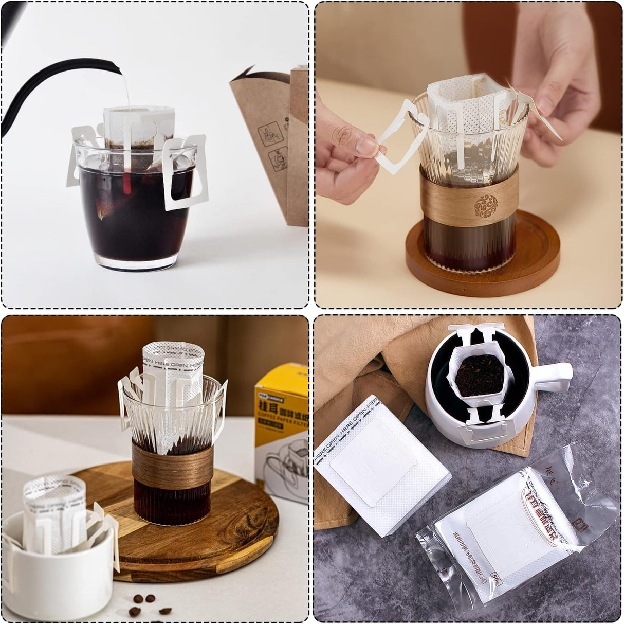 Coffee Filter Bags - with Hanging Loop - Portable Paper Coffee Filters for Most Cups - Travel, Camping, Home, Office - Pack of 100