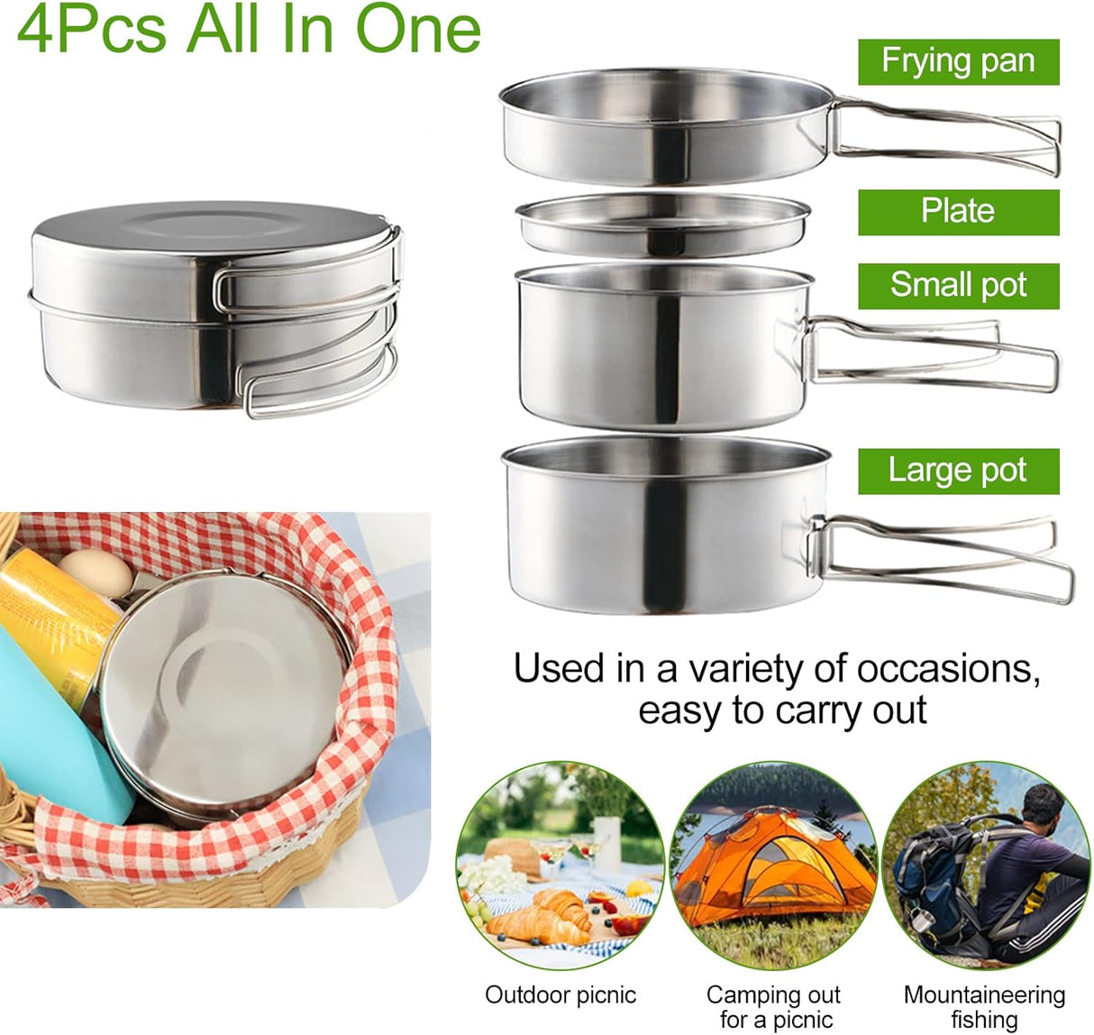 Camping Cookware Set - Multifunctional Portable Stainless Steel Cookware Set - Suitable for 2-3 People - Outdoor Picnic - Set of 4