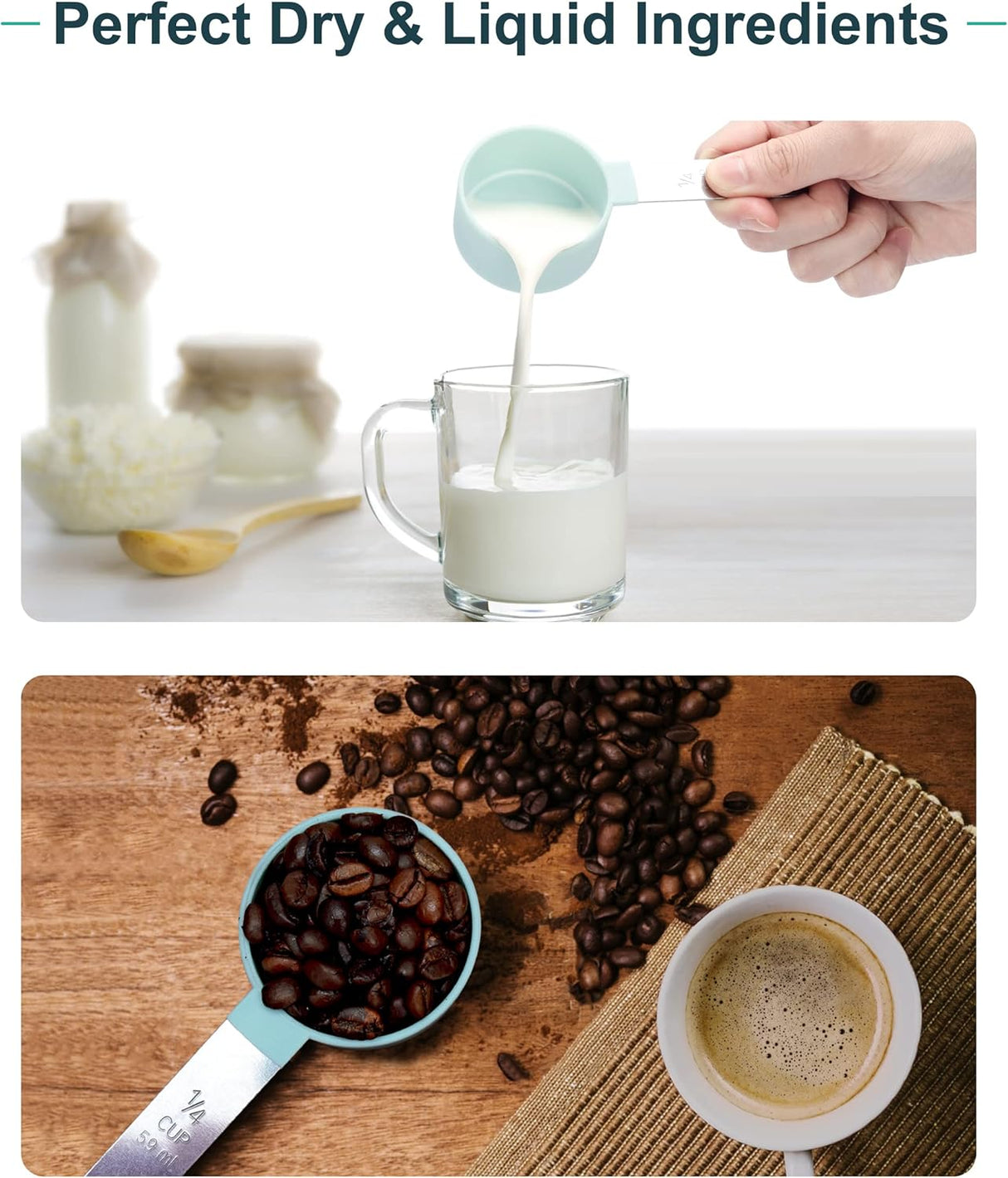 Measuring Cups & Spoons - Interlocking measuring cups for measuring dry or liquid ingredients - Stainless steel handles - Set of 8