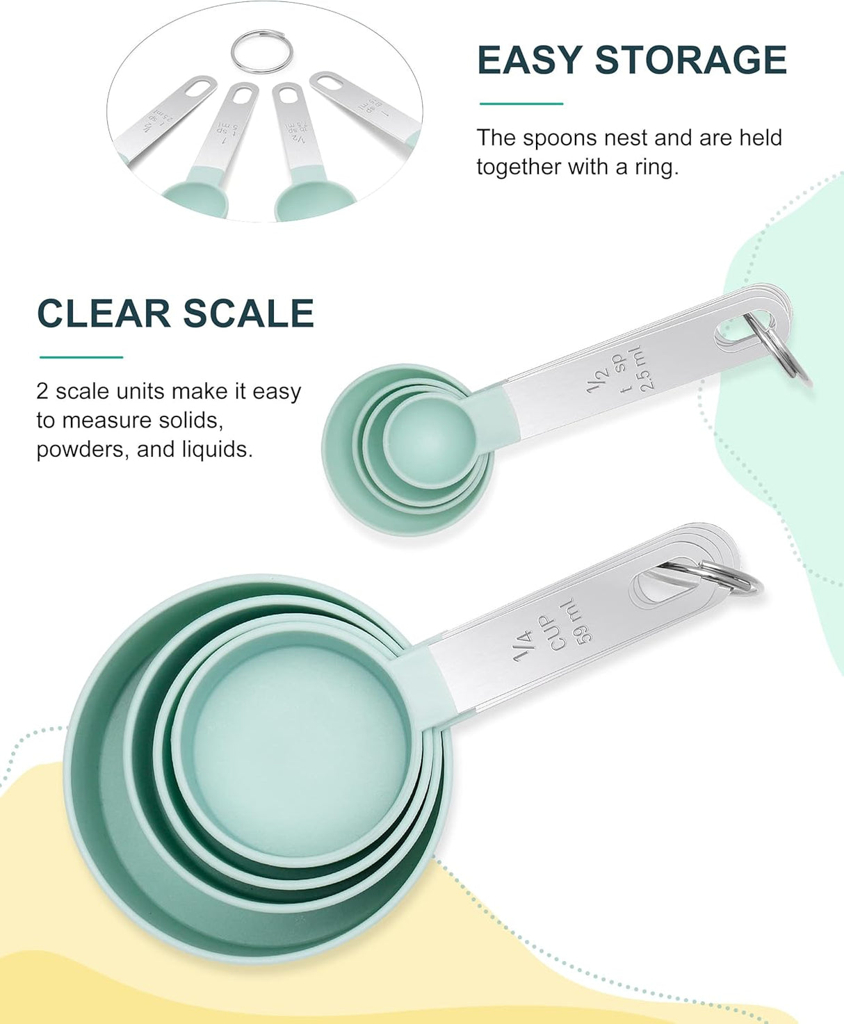 Measuring Cups & Spoons - Interlocking measuring cups for measuring dry or liquid ingredients - Stainless steel handles - Set of 8