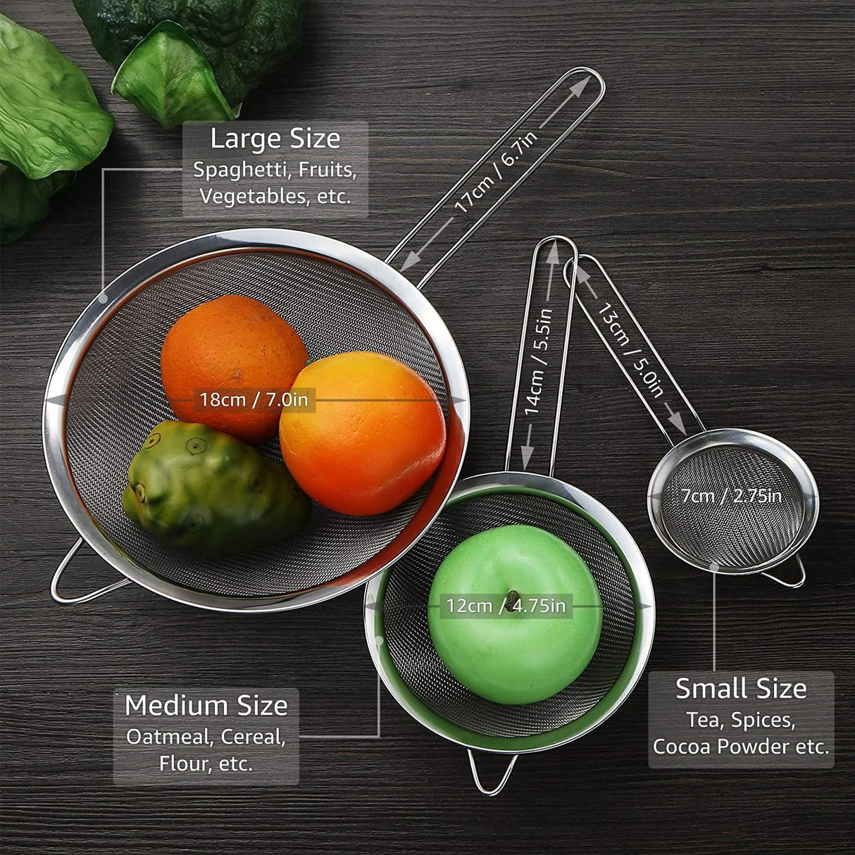 Strainers - Marine Grade Stainless Steel - Fine Mesh - Heat Resistant - No Sharp Edges - Corrosion Resistant - Pack of 3 (8cm, 12cm & 18cm)