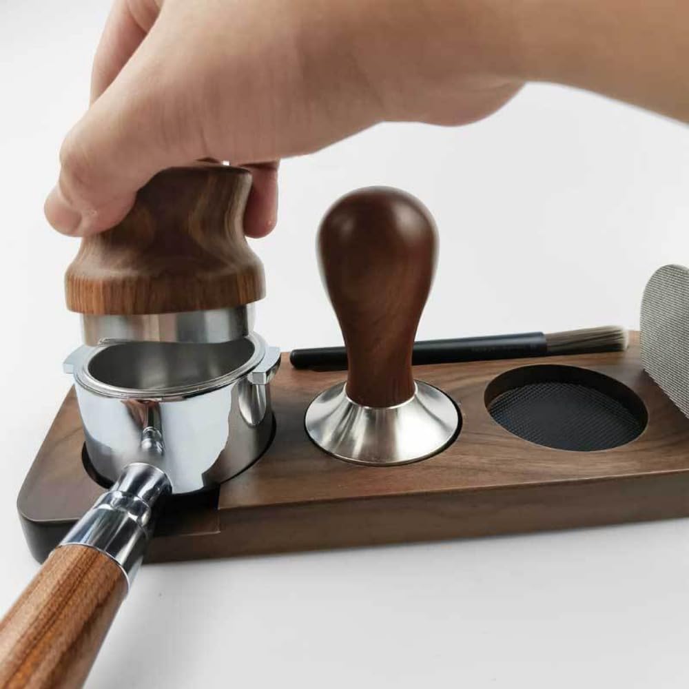 Tamper - Adjustable base with anti-slip bracket - Suitable for espresso machines - Walnut - 51 mm