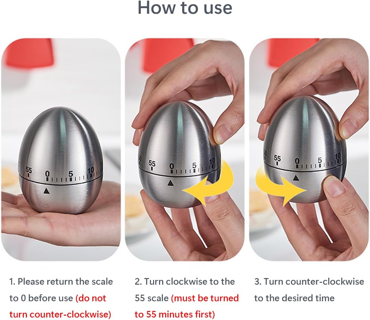Egg Timer - Kitchen Timer - Analogue Kitchen Timer - Mechanical Kitchen Timer - Timer - Egg - Stainless Steel