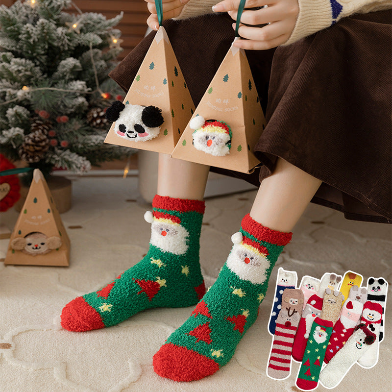 Christmas Socks - Mid-Tube Autumn and Winter Men and Women - Thickened Coral Fleece Socks - Christmas Gift Box Socks - Green Christmas Tree Style - One Pair