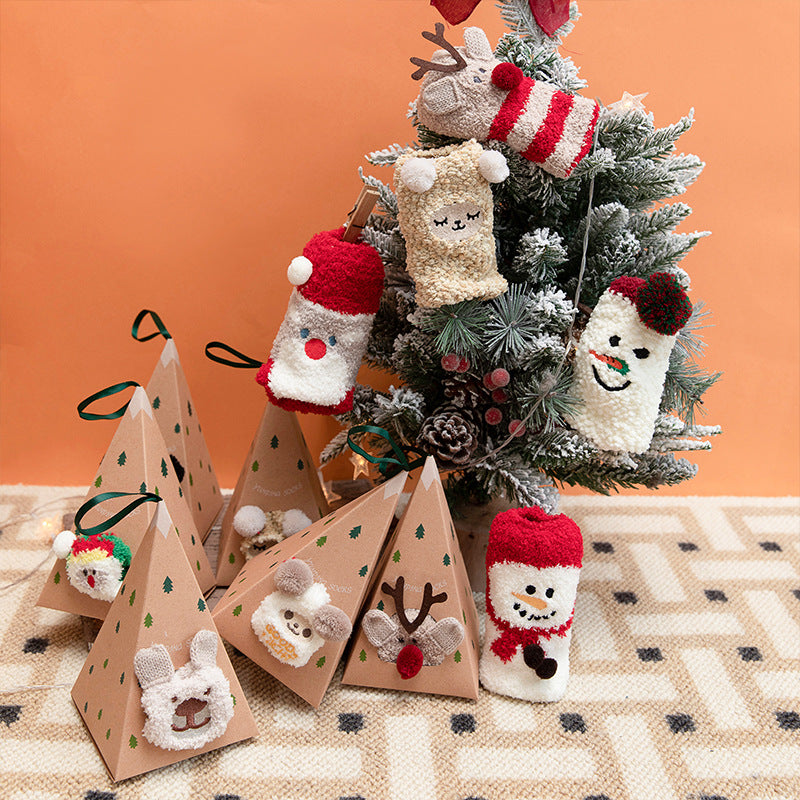 Christmas Socks - Mid-Tube Autumn and Winter Men and Women - Thickened Coral Fleece Socks - Christmas Gift Box Socks - Green Christmas Tree Style - One Pair
