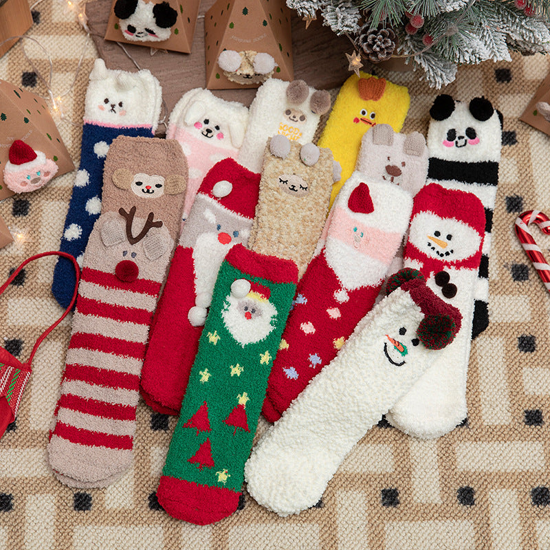 Christmas Socks - Mid-Tube Autumn and Winter Men and Women - Thickened Coral Fleece Socks - Christmas Gift Box Socks - Green Christmas Tree Style - One Pair
