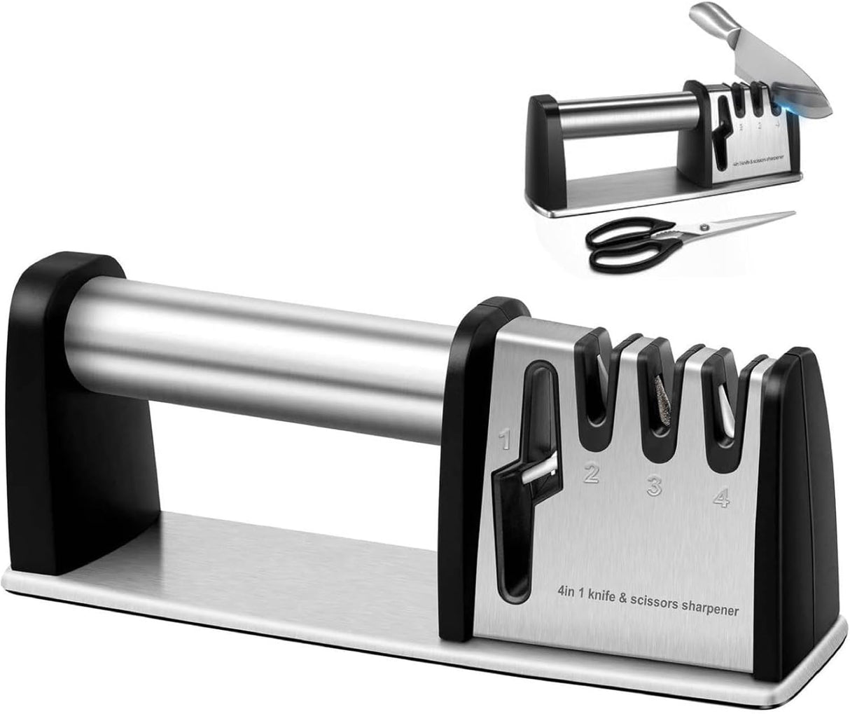 4-in-1 Knife Sharpener - With Scissor Sharpener - 3-Step Pull-Through Sharpener for Kitchen Knives - Anti-Slip & Ergonomic - Stainless Steel - Knife Sharpener
