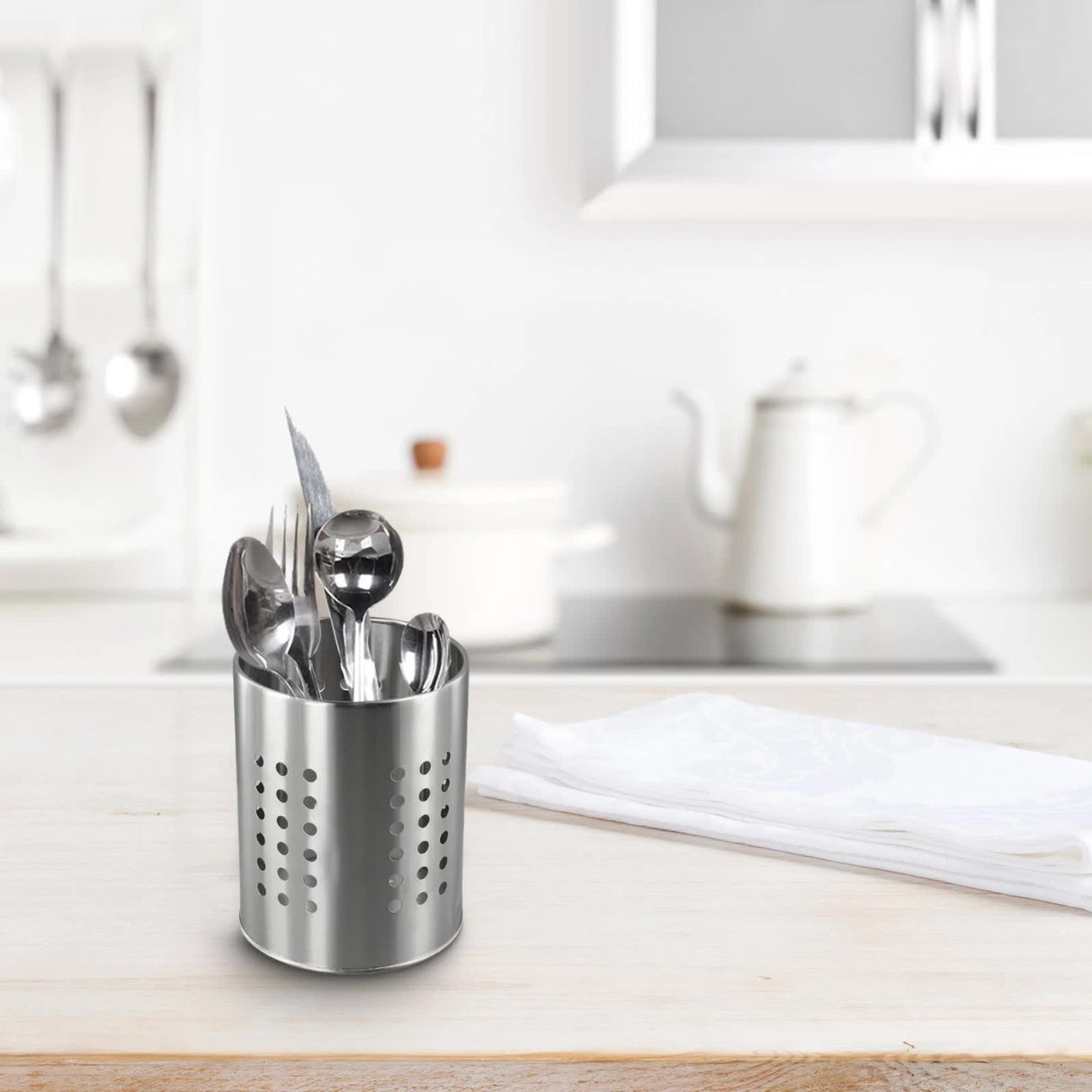Extra Large Stainless Steel Kitchen Utensil Holder, Perforated Countertop Caddy for Spatulas and Cutlery, Silver, 12 x 18 cm