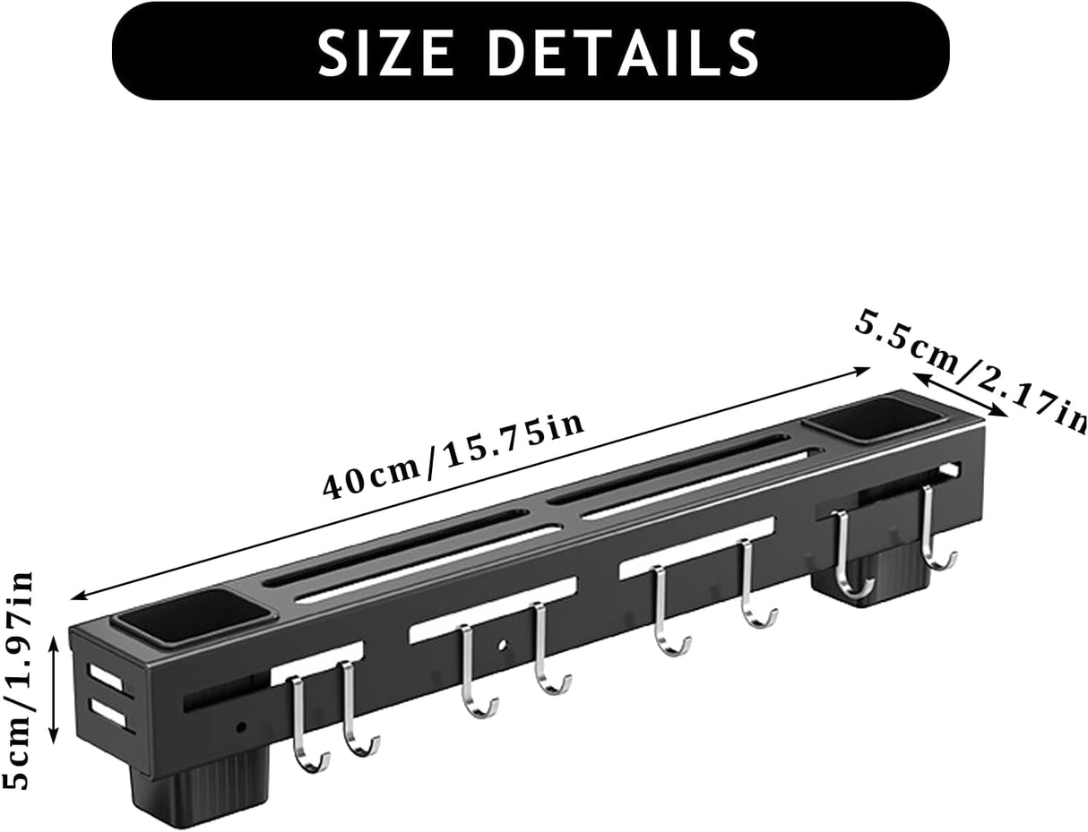 Stainless Steel Kitchen Rack No Drilling - Kitchen Rail with 6 Hooks - Self-Adhesive Hanging System - Kitchen Utensil Holder - Black