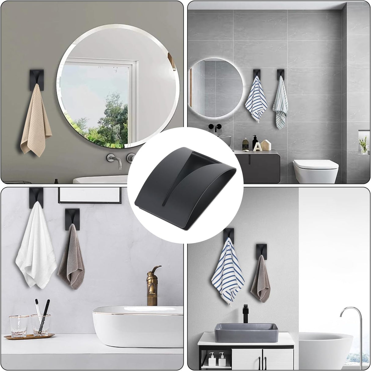 Black Towel Clip - Set of 4 - Stainless Steel - Self-Adhesive Tea Towel Holders - Wall Hooks for Kitchen