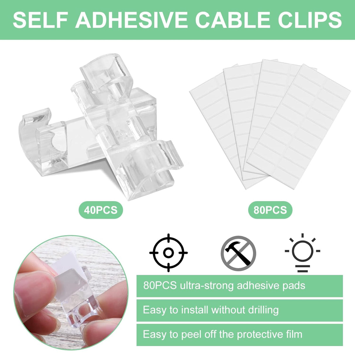 40 Pack Transparent Self-Adhesive Cable Clips, Cable Holders for Cords up to 7 mm on Desks, Walls and TV Units