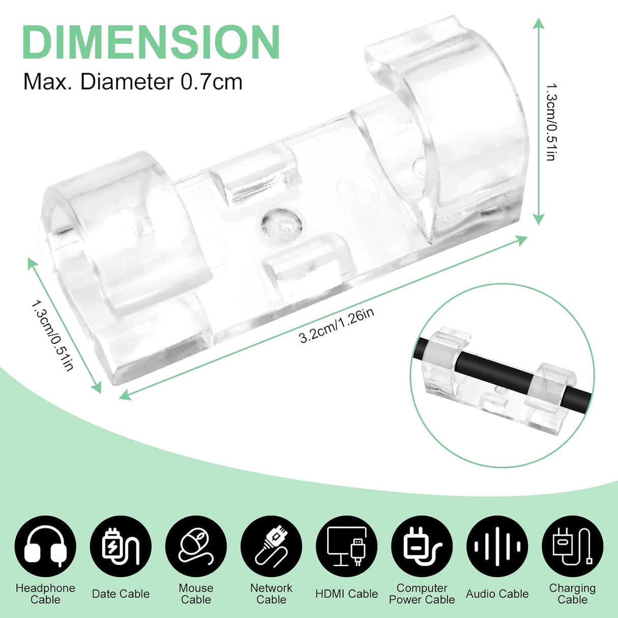 40 Pack Transparent Self-Adhesive Cable Clips, Cable Holders for Cords up to 7 mm on Desks, Walls and TV Units